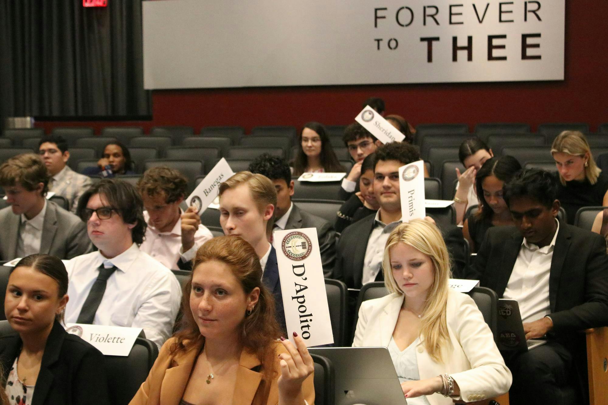 FILE — Members of the Student Government ask questions about proposed legislative changes at the student senate meeting on Sept. 24, 2025. This event occurs weekly in the Russell House Theater at 5:30 p.m.