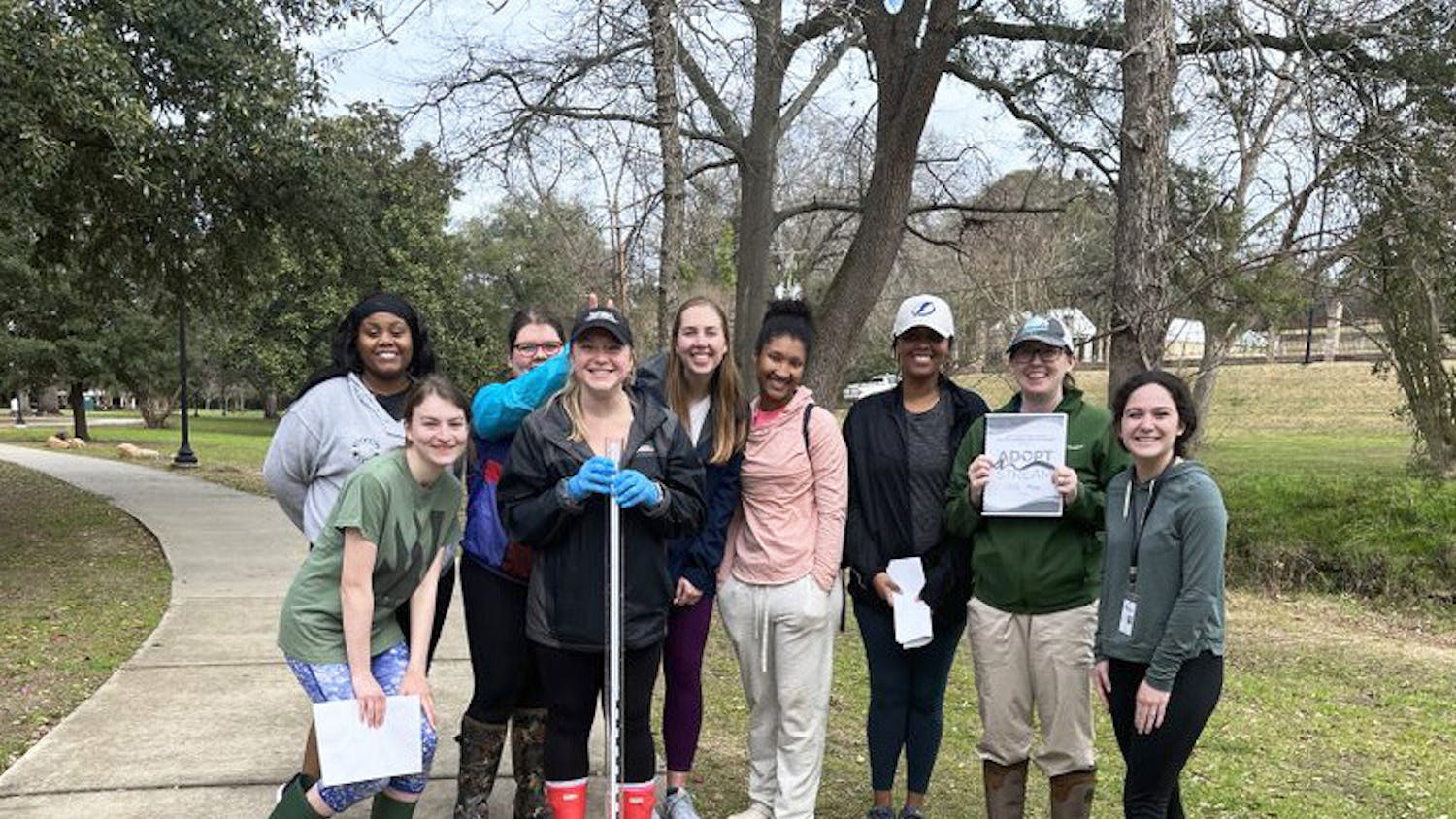 Members of the South Carolina section of the American Water Works Association and the Water Environment Association, also known as "Water Club," gather together after their Adopt a River cleanup on Feb. 18, 2023. The club promotes environmental education through clean-ups and water quality testing.&nbsp;