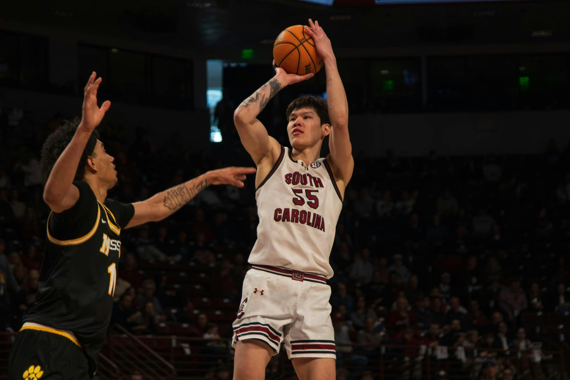 Senior guard Mike Sharavjamts pulls up for a shot during the game against Missouri on Feb. 7, 2026, at Colonial Life Arena. Sharavjamts averaged 10.8 points a game for the Gamecocks this season.