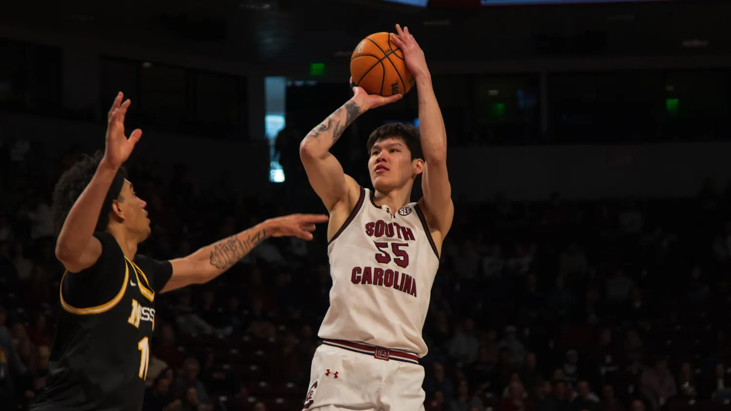 Senior guard Mike Sharavjamts pulls up for a shot during the game against Missouri on Feb. 7, 2026, at Colonial Life Arena. Sharavjamts averaged 10.8 points a game for the Gamecocks this season.