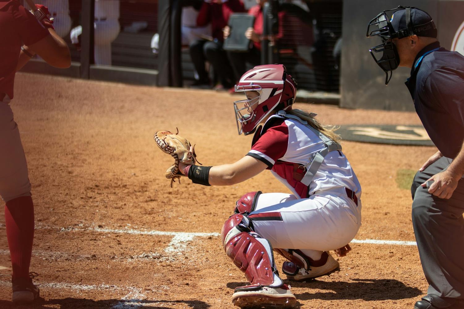 Freshman catcher Giulia Desiderio prepares to catch a pitch at Beckham Field on March 27, 2022. South Carolina lost to Alabama 6-1.