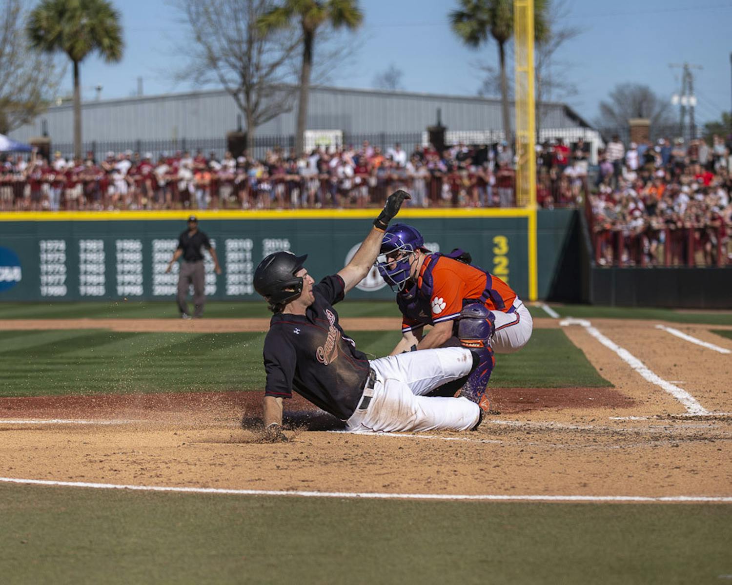 Senior infielder Braylen Wimmer slides into home plate, scoring a run for South Carolina in the fifth inning against Clemson at Founders Park on March 5, 2023. The Gamecocks beat the Tigers 7-1, taking the series 2-1.