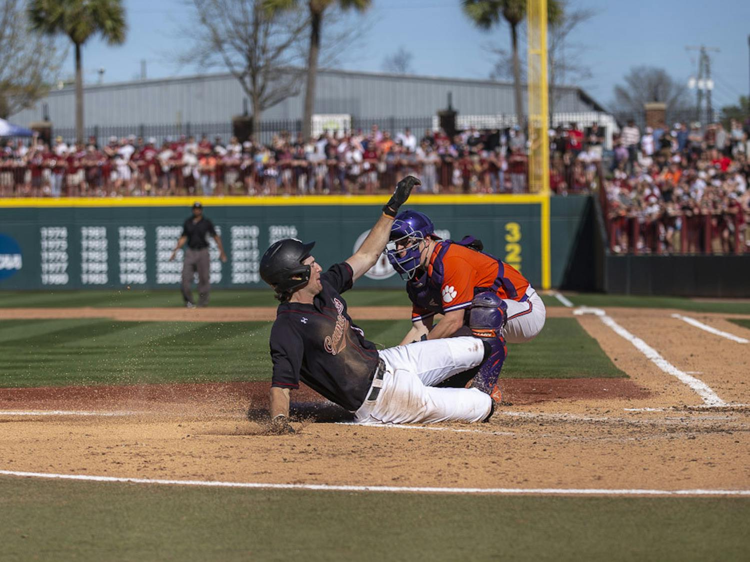 Senior infielder Braylen Wimmer slides into home plate, scoring a run for South Carolina in the fifth inning against Clemson at Founders Park on March 5, 2023. The Gamecocks beat the Tigers 7-1, taking the series 2-1.