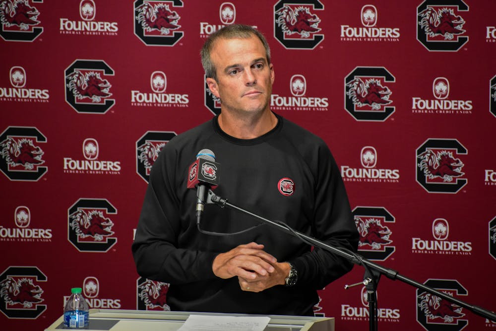 <p>Gamecock football head coach Shane Beamer addresses the media at the Gamecock Football Operations Center on Oct. 10, 2023. Beamer discussed the team's negative plays that contributed to a 41-20 loss to Tennessee before the team's bye week.</p>