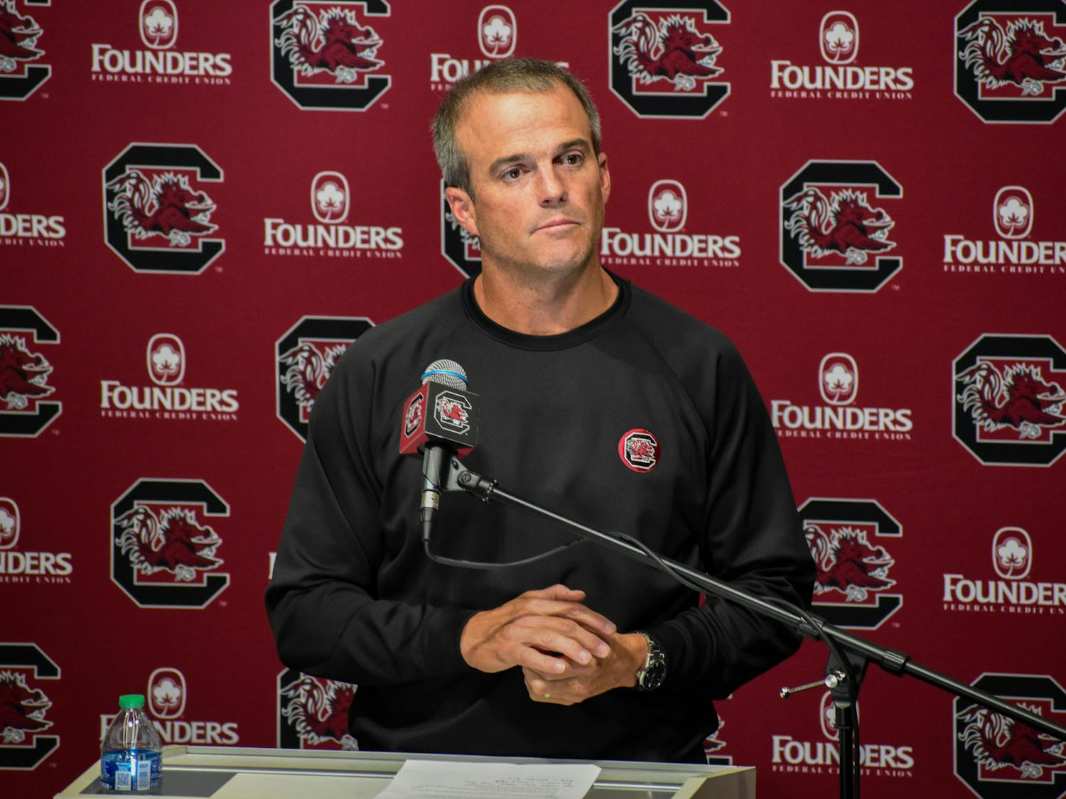 Gamecock football head coach Shane Beamer addresses the media at the Gamecock Football Operations Center on Oct. 10, 2023. Beamer discussed the team's negative plays that contributed to a 41-20 loss to Tennessee before the team's bye week.