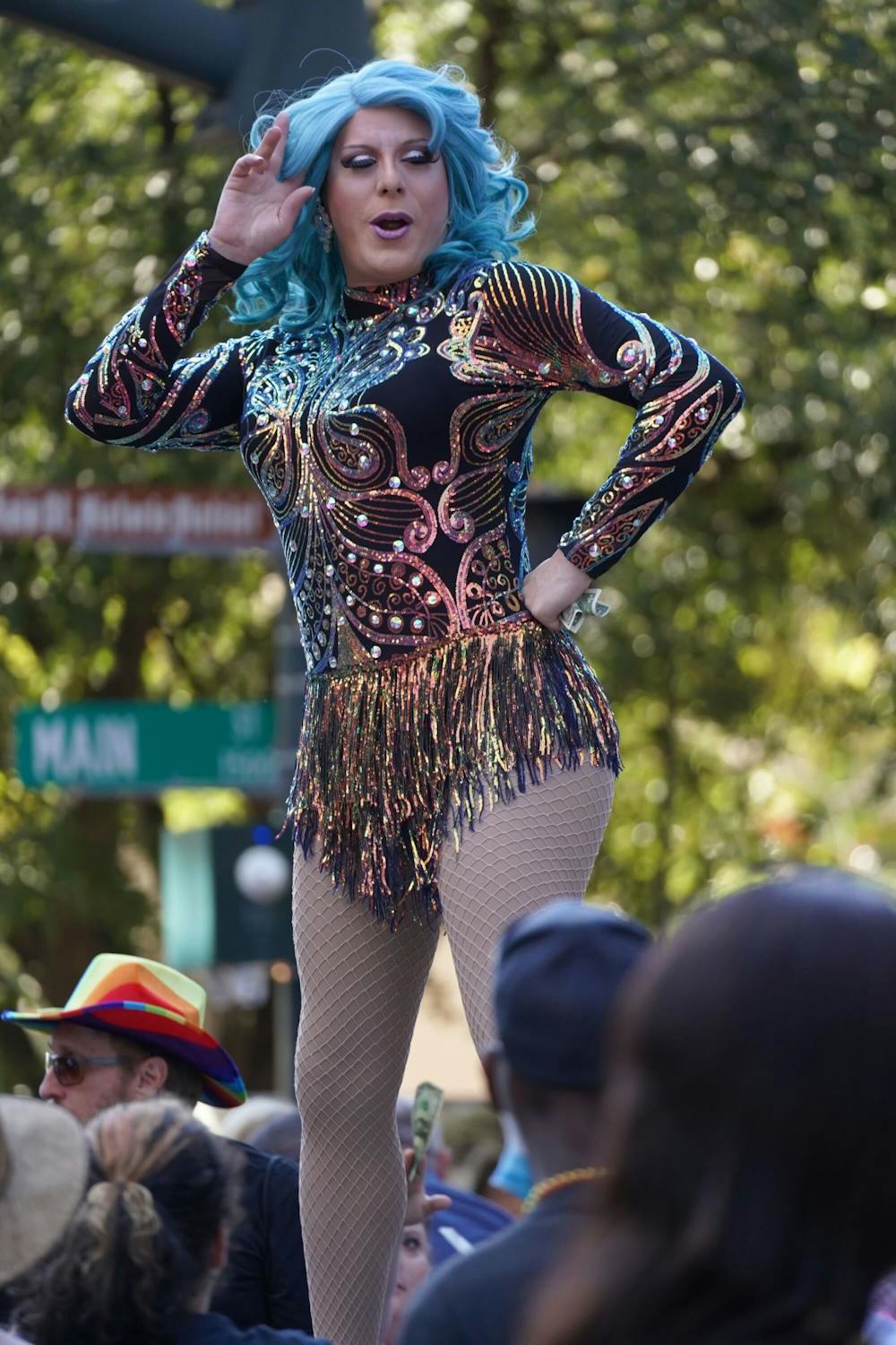 <p>Carla Cox, the entertainment coordinator for South Carolina Pride, gives an on-stage performance. Cox is one of many drag performers to participate in shows at the Famously Hot South Carolina Pride Festival.</p>