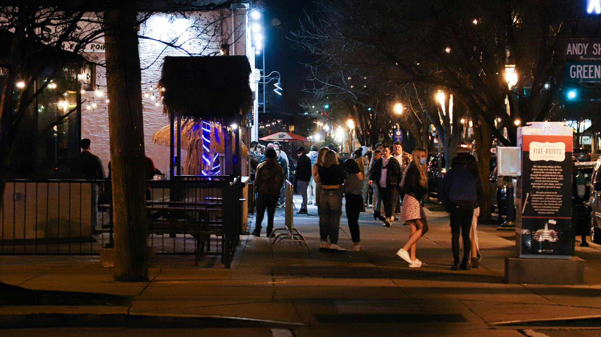 The walkway facing the bar Breakers from the corner of Harden and Greene Street at 9:52 p.m. on Jan. 29, 2021.&nbsp;