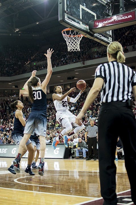 Tiffany Mitchell completes a lay up against UConn. Fast breaks were the easiest way for the Gamecocks to gain points.