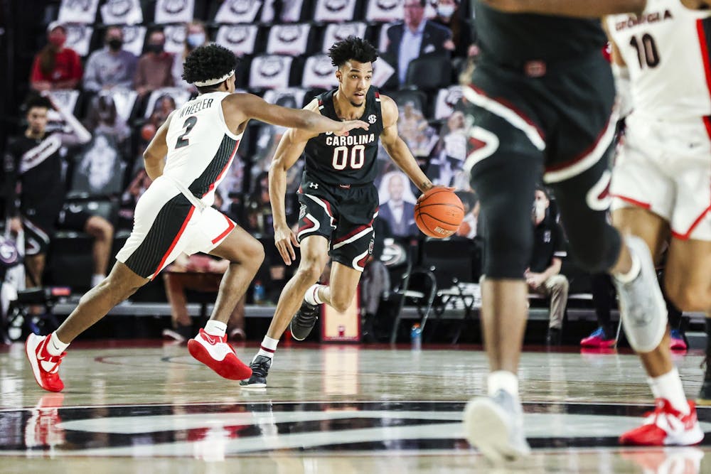 <p>South Carolina during a game against Georgia at Stegeman Coliseum in Athens, Ga., on Saturday, Feb. 27, 2021. (Photo by Tony Walsh)</p>