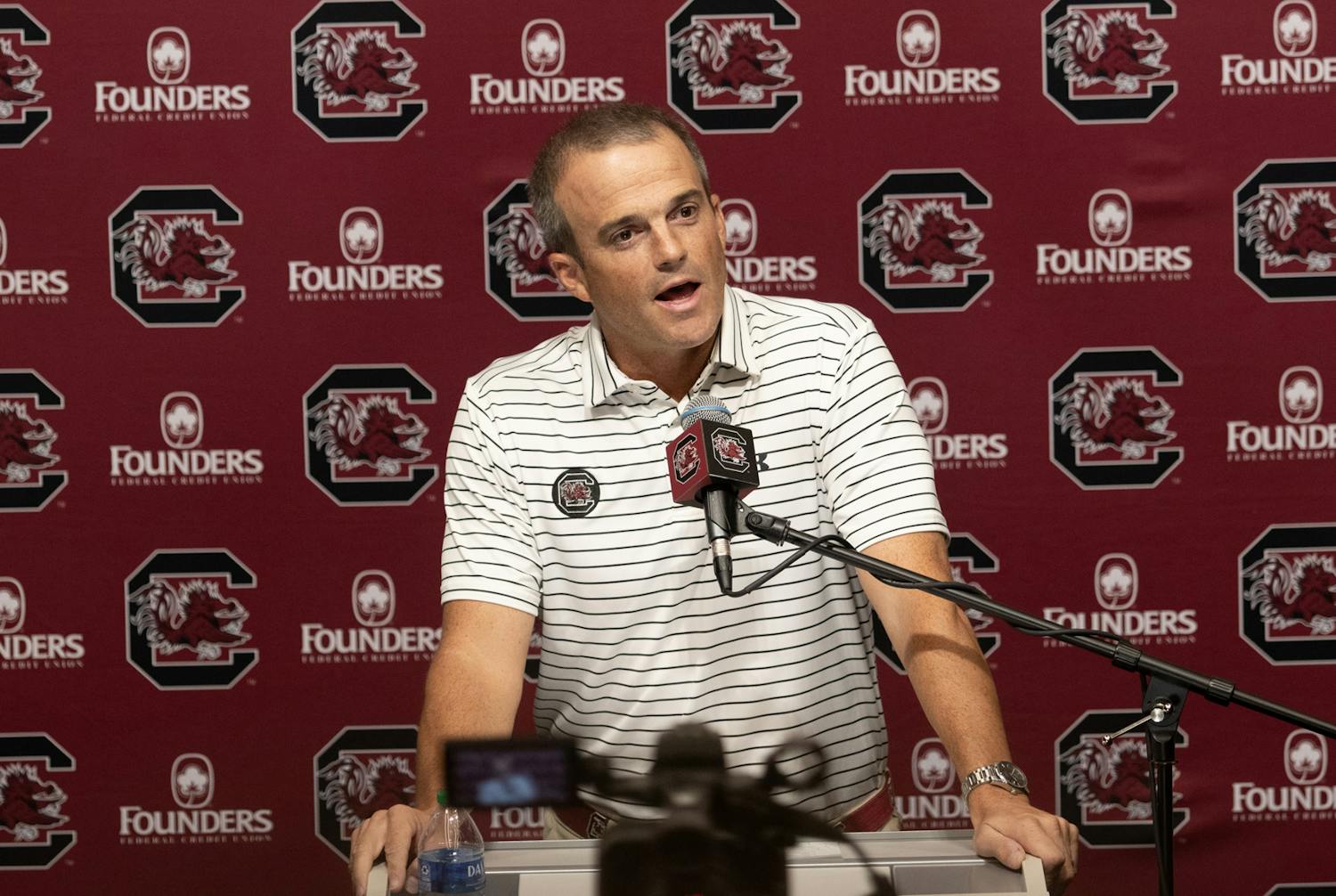 South Carolina head football coach Shane Beamer holds a press conference on Aug. 29, 2023, prior to the team’s match-up against the North Carolina Tar Heels. The game will be the 2023 season opener for ESPN College GameDay in Charlotte, North Carolina.
