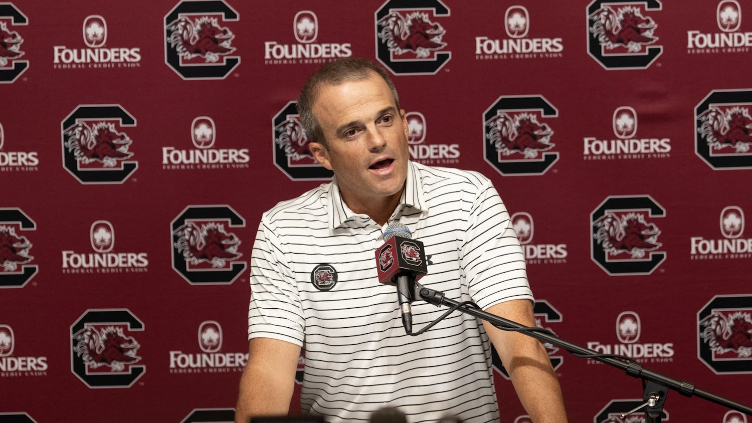 South Carolina head football coach Shane Beamer holds a press conference on Aug. 29, 2023, prior to the team’s match-up against the North Carolina Tar Heels. The game will be the 2023 season opener for ESPN College GameDay in Charlotte, North Carolina.