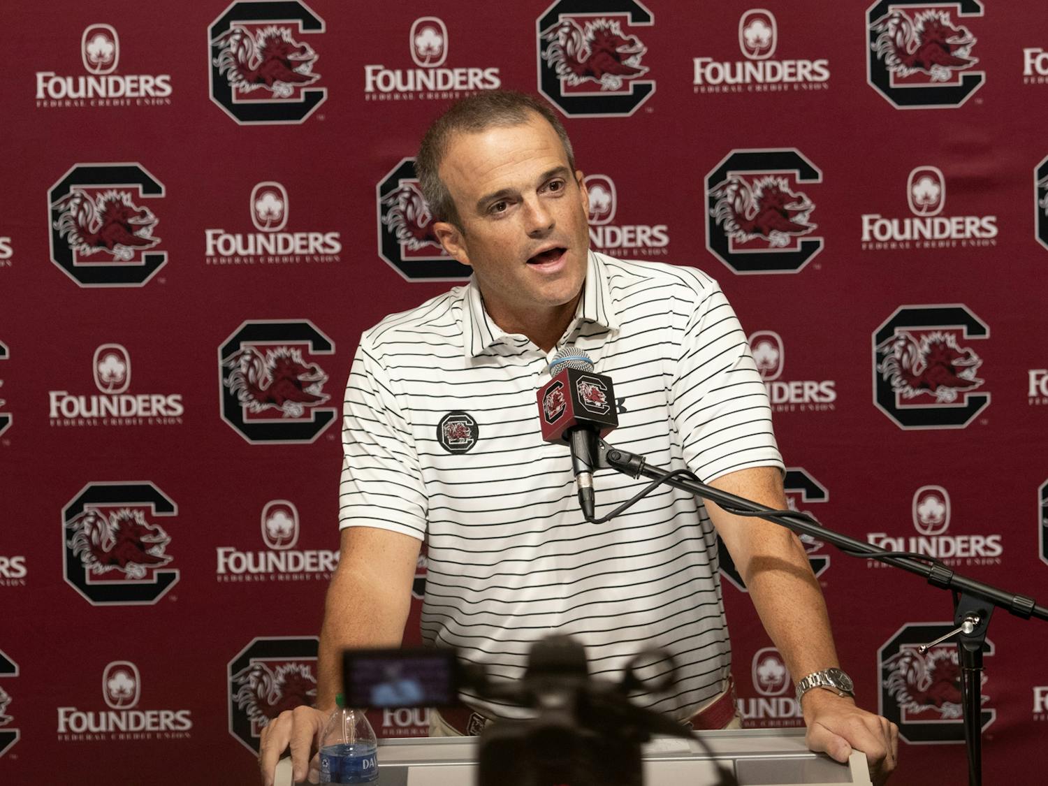 South Carolina head football coach Shane Beamer holds a press conference on Aug. 29, 2023, prior to the team’s match-up against the North Carolina Tar Heels. The game will be the 2023 season opener for ESPN College GameDay in Charlotte, North Carolina.