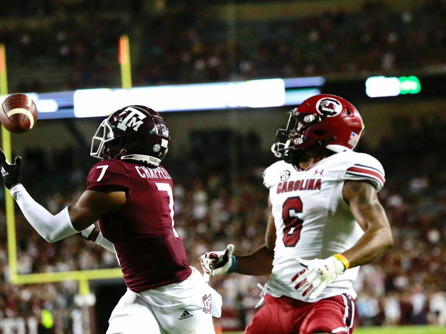 Texas A&M’s defensive back Tyreek Chappell picks off Zeb Noland’s pass in the end zone during Saturday’s 44-14 loss to the Aggies.