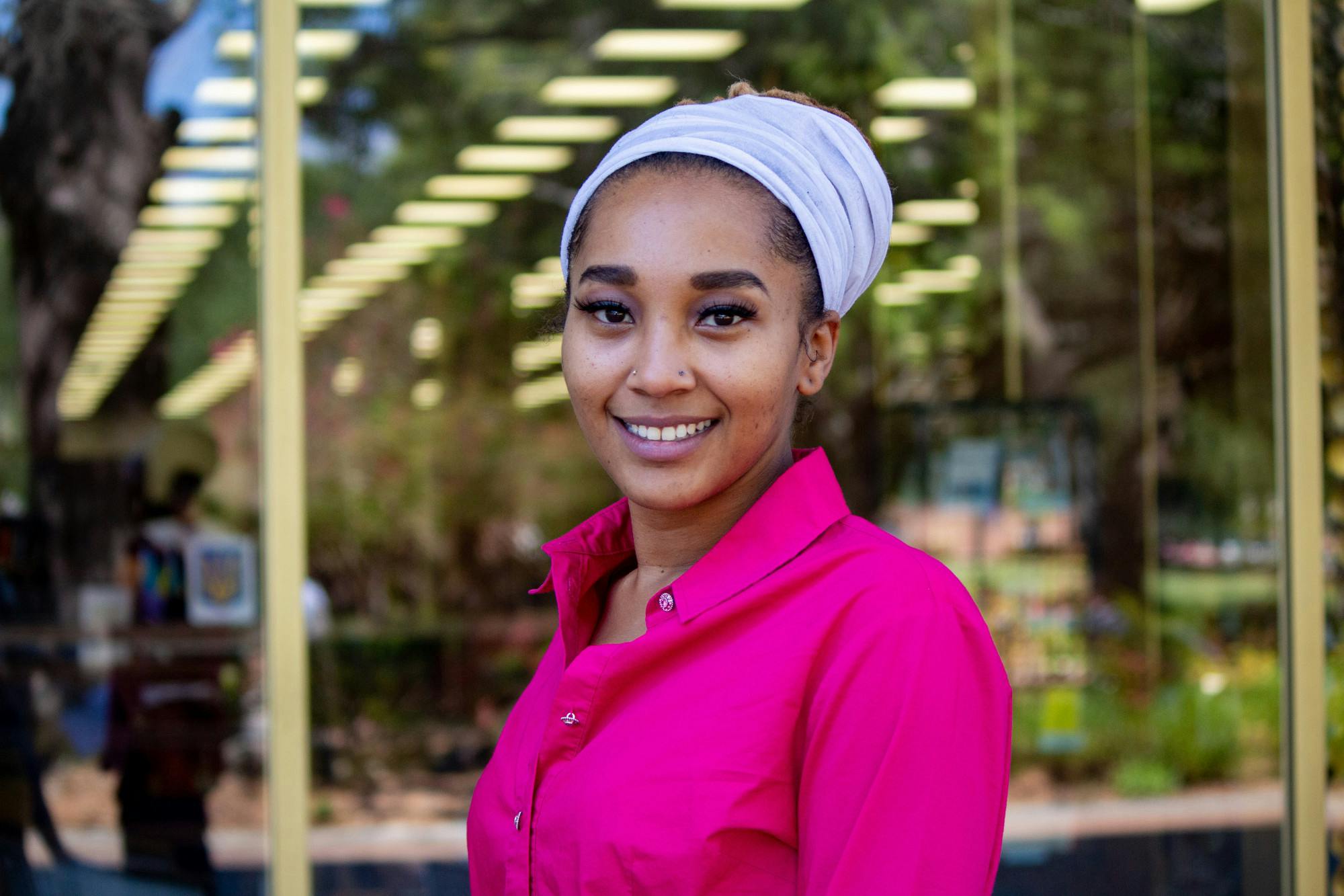 Headshot of Raven Gadsden-Washington in front of the Thomas Cooper Library on September 19, 2022 in Columbia, SC. Gadsden-Washington is a professor at the University of South Carolina.