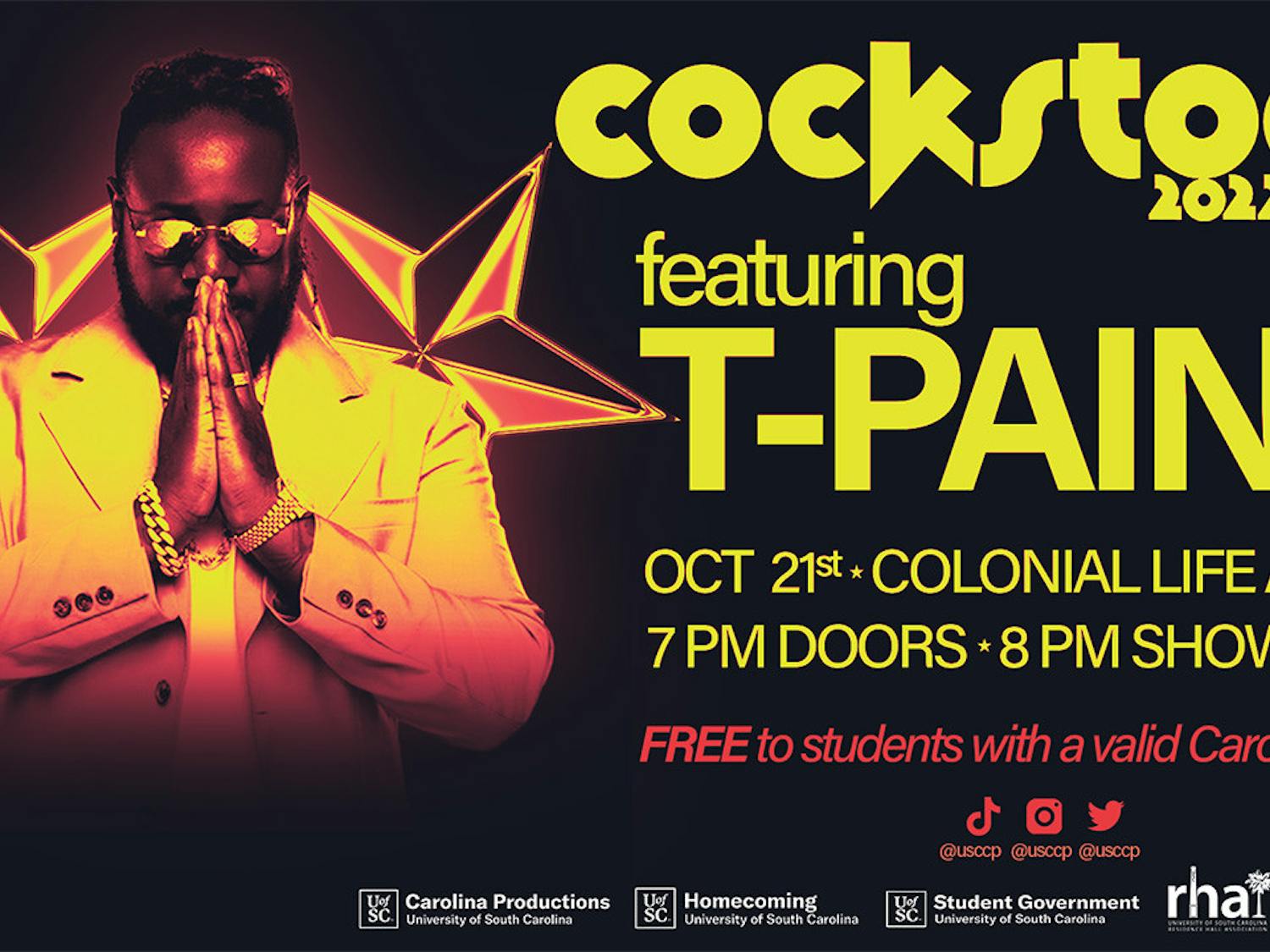 Advertisement for Cock Stock 2022 featuring T-Pain. The event takes place on October 21, 2022.