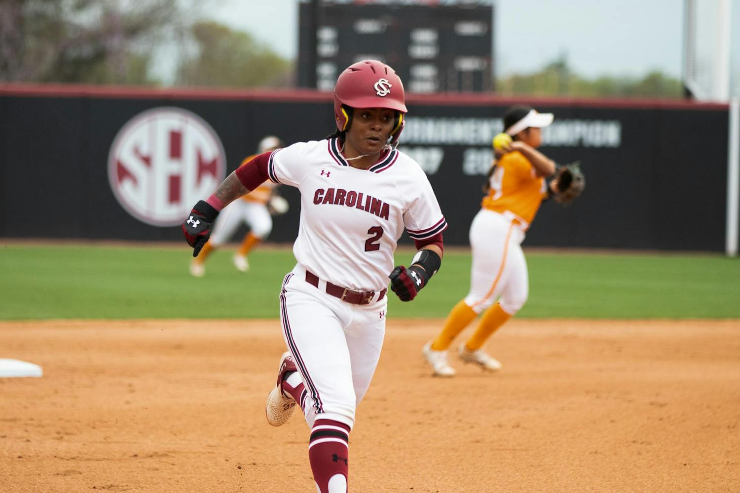 Senior infielder Denver Bryant runs to third base during South Carolina’s game against Tennessee on March 23, 2024. The Gamecocks lost to the Lady Vols 2-1 in extra innings.