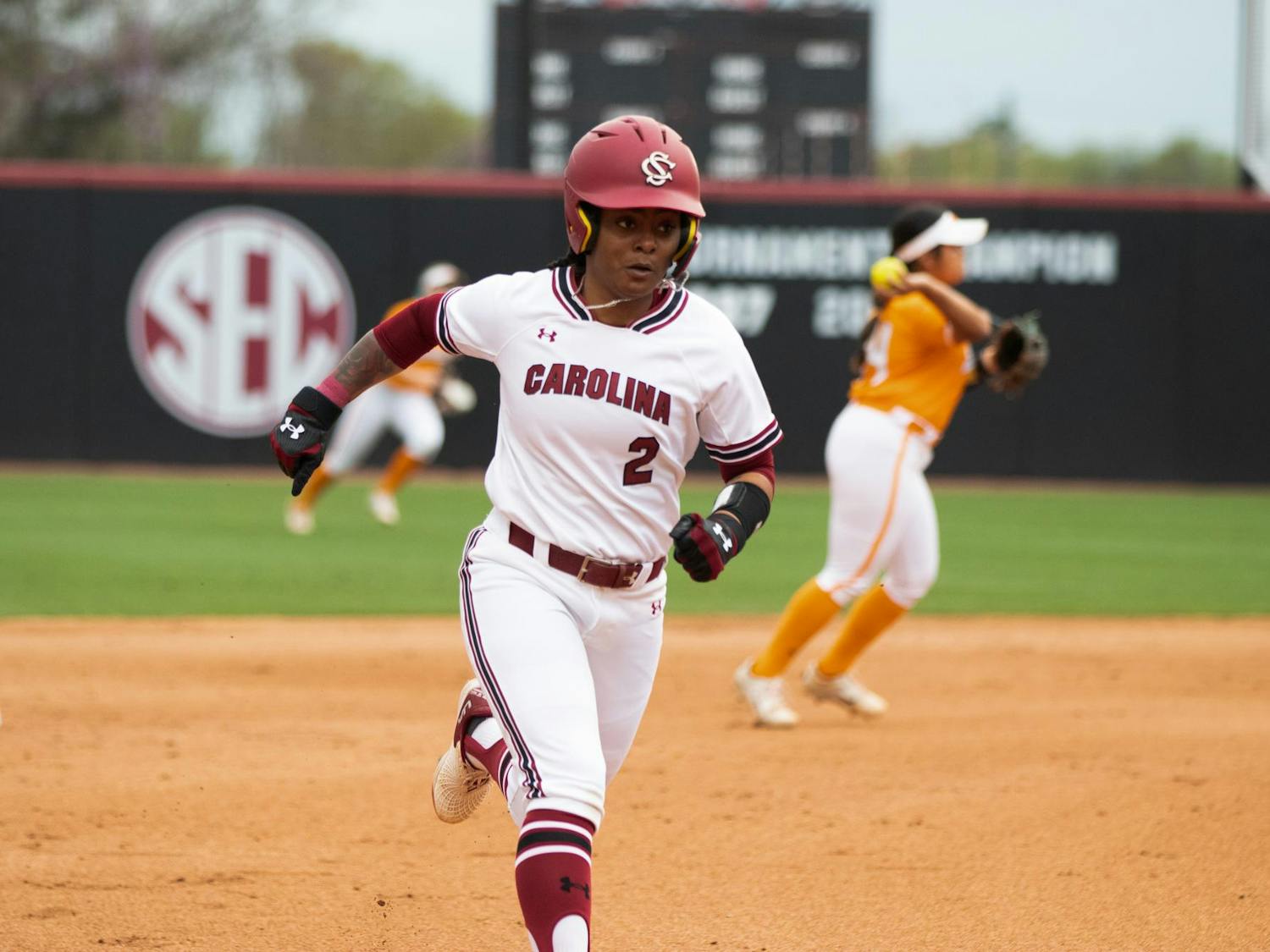Senior infielder Denver Bryant runs to third base during South Carolina’s game against Tennessee on March 23, 2024. The Gamecocks lost to the Lady Vols 2-1 in extra innings.