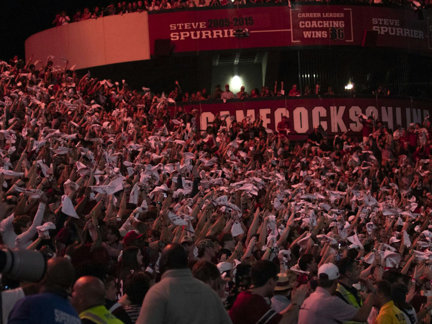 The University of South Carolina’s cockpit raises its rally towels as "Sandstorm" takes over the loudspeakers at Williams-Brice Stadium on Sept. 23, 2023. The song is played every time South Carolina scores.