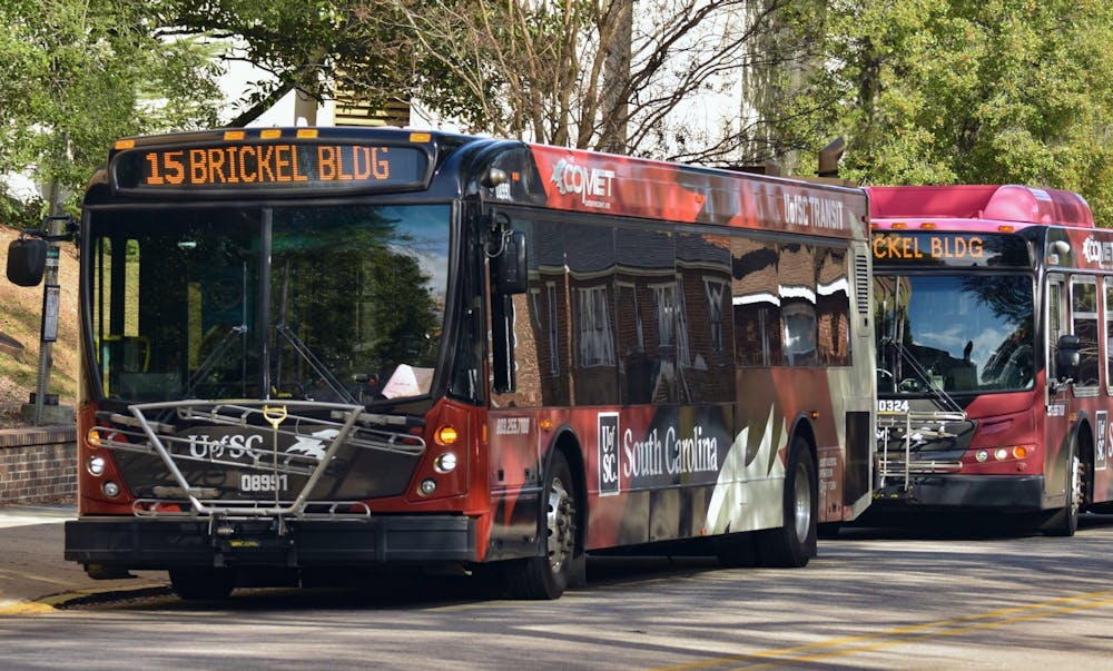 <p>Central Midlands Regional Transit Authority (COMET) shuttles parked at the Greene Street transit stop. Taking the shuttle is one of many ways that individuals can tackle rising carbon emissions and its adverse effects on the South Carolina climate. &nbsp;</p>