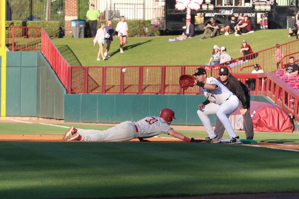 <p>Freshman infielder Will Craddock beat the runner to first base for the out in South Carolina’s April 7 game against College of Charleston. The defensive stop came during a contest where the Gamecocks dropped 6-4.</p>