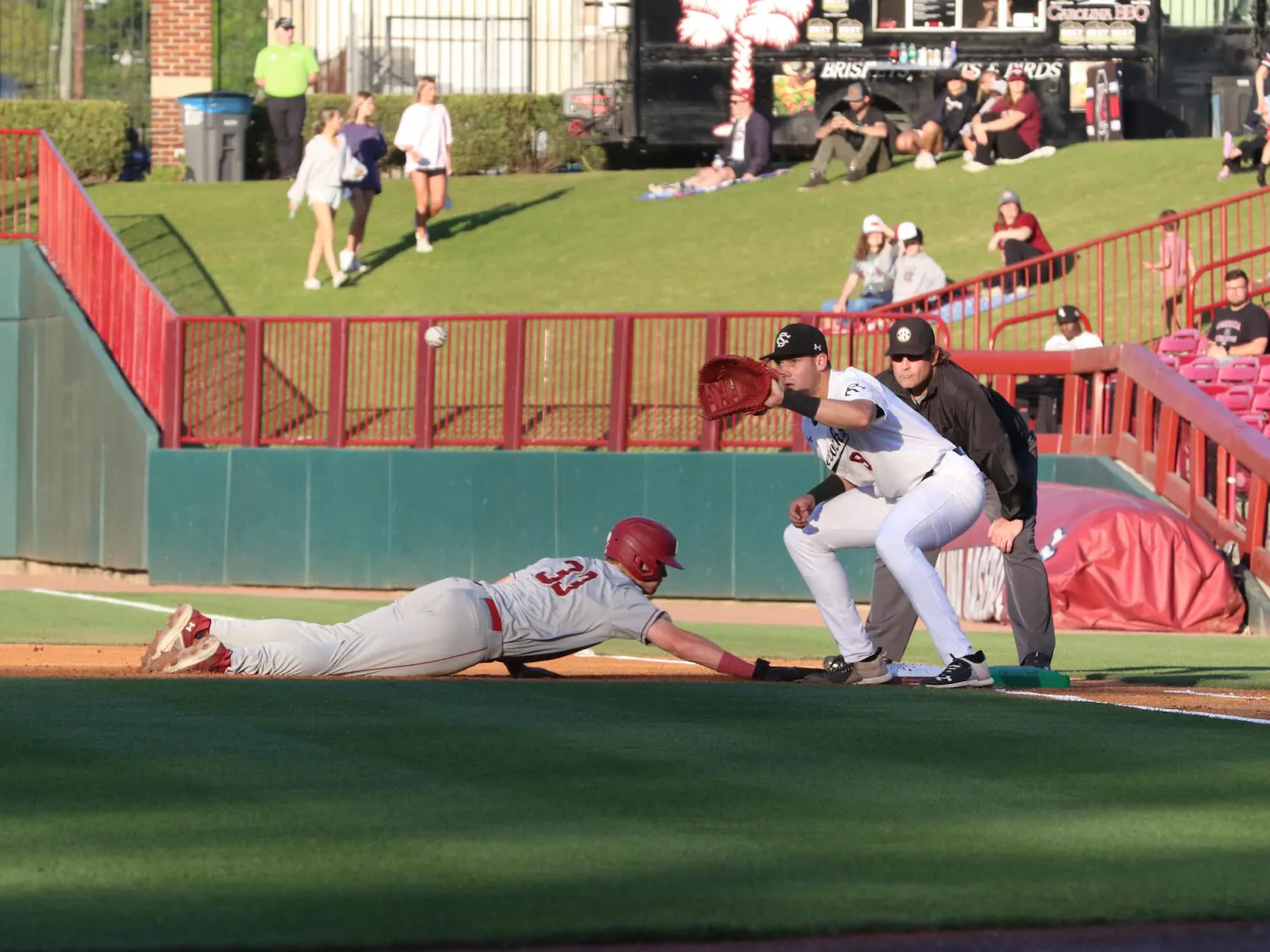 Freshman infielder Will Craddock beat the runner to first base for the out in South Carolina’s April 7 game against College of Charleston. The defensive stop came during a contest where the Gamecocks dropped 6-4.
