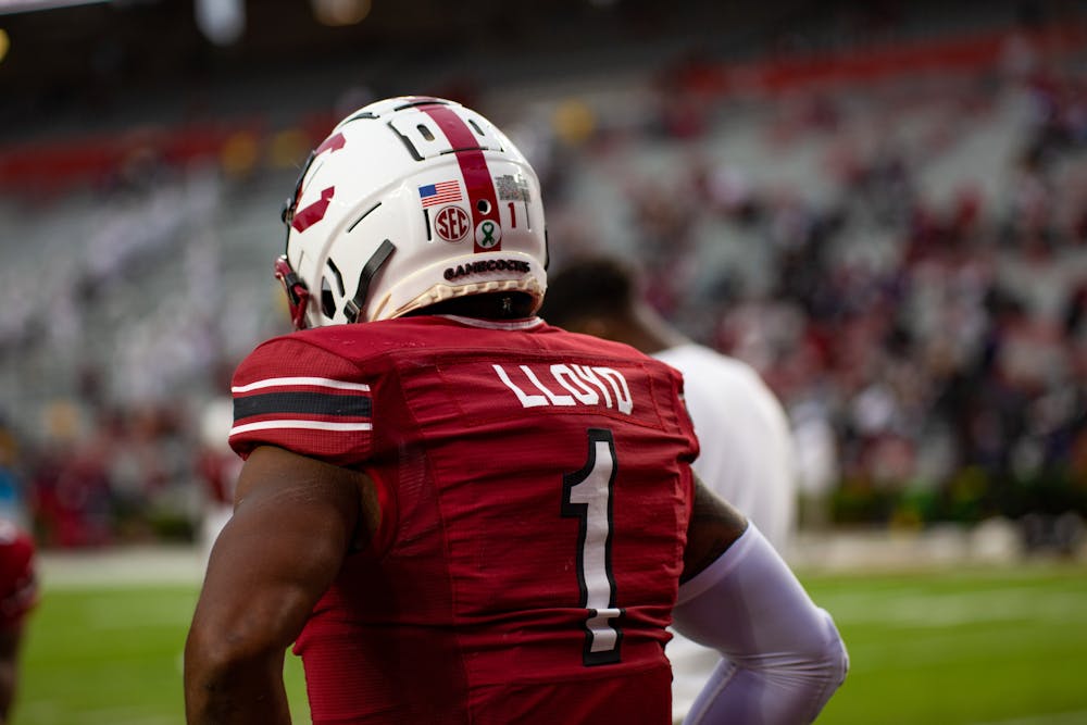 <p>FILE—Redshirt sophomore running back MarShawn Lloyd stands on the sidelines during a game against the S.C. State Bulldogs on Sept. 29, 2022. The Gamecocks defeated the Bulldogs 50-10.</p>