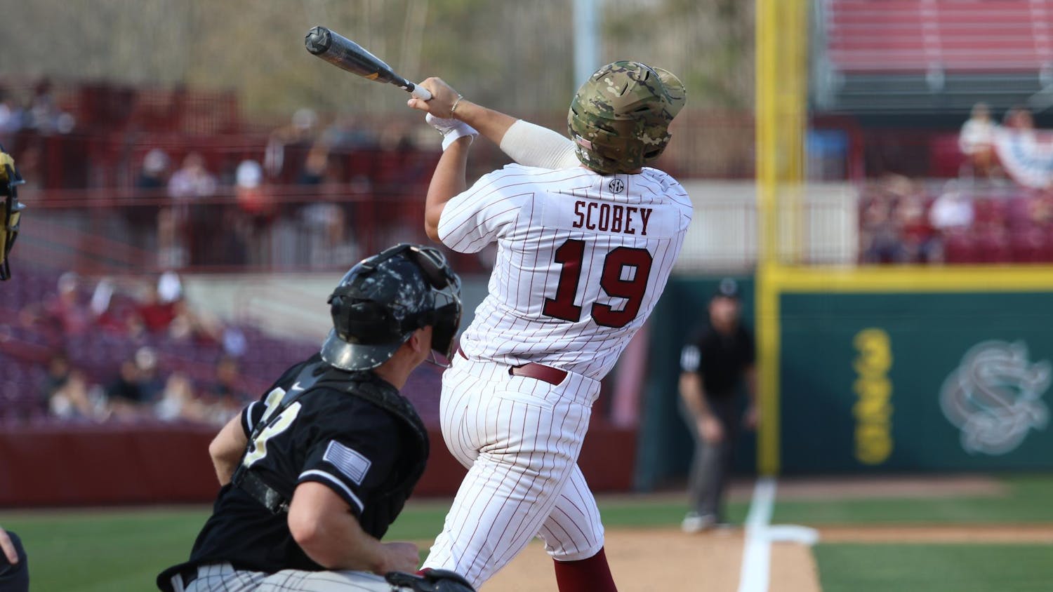 Sophomore infielder KJ Scobey makes hard contact with the ball in South Carolina’s game against Army on Feb. 20, 2026. The Gamecocks lost to the Army Black Knights 5-9.