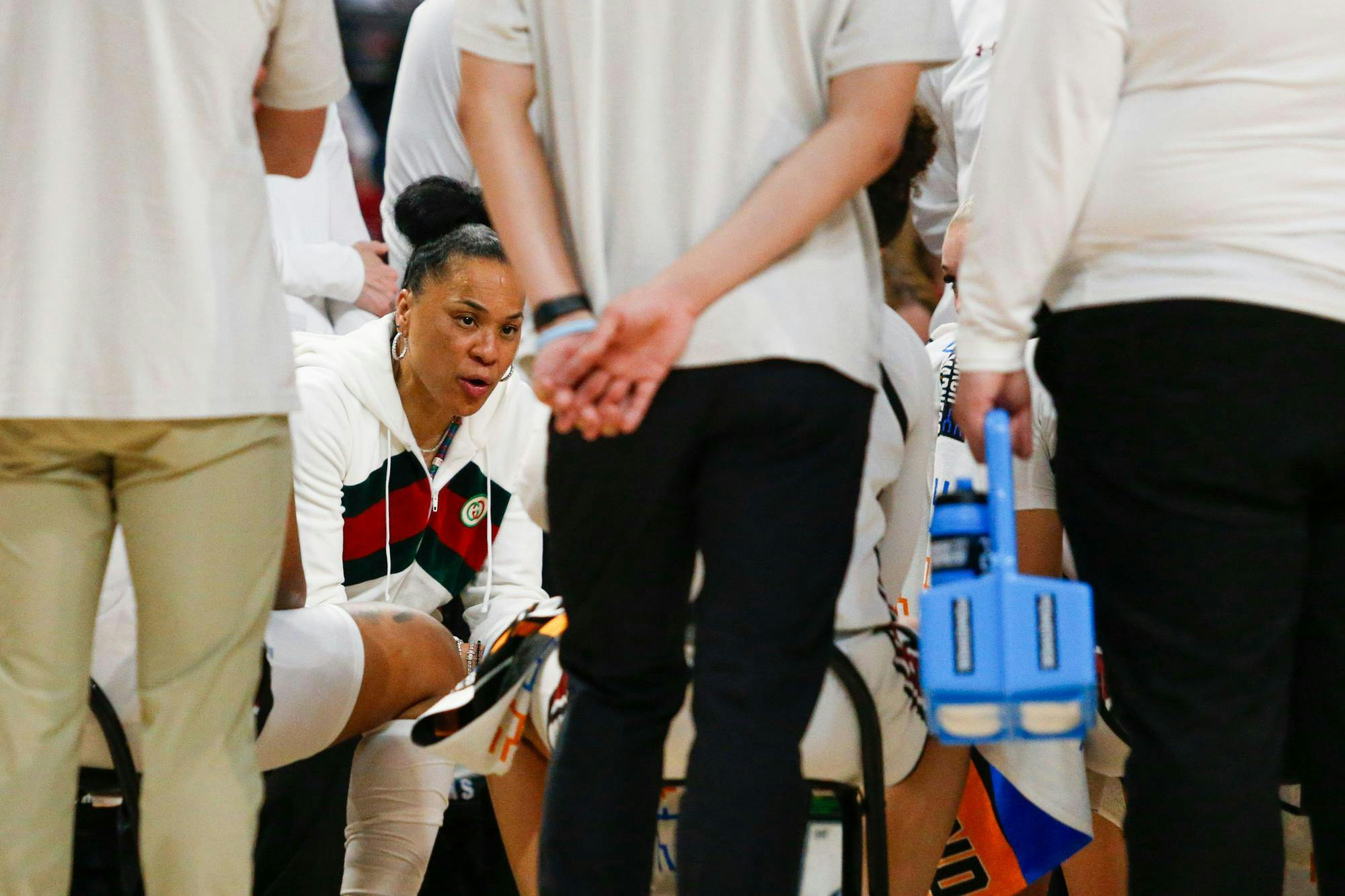 FILE - Head coach Dawn Staley talks to her team during a timeout in the third quarter of South Carolina’s game against Presbyterian in round one of the 2024 NCAA Women’s Tournament on March 22, 2024 at Colonial Life Arena. The Gamecocks will play their first exhibition game of the 2024-2025 season against Memphis in Memphis, Tennessee on Oct. 15.