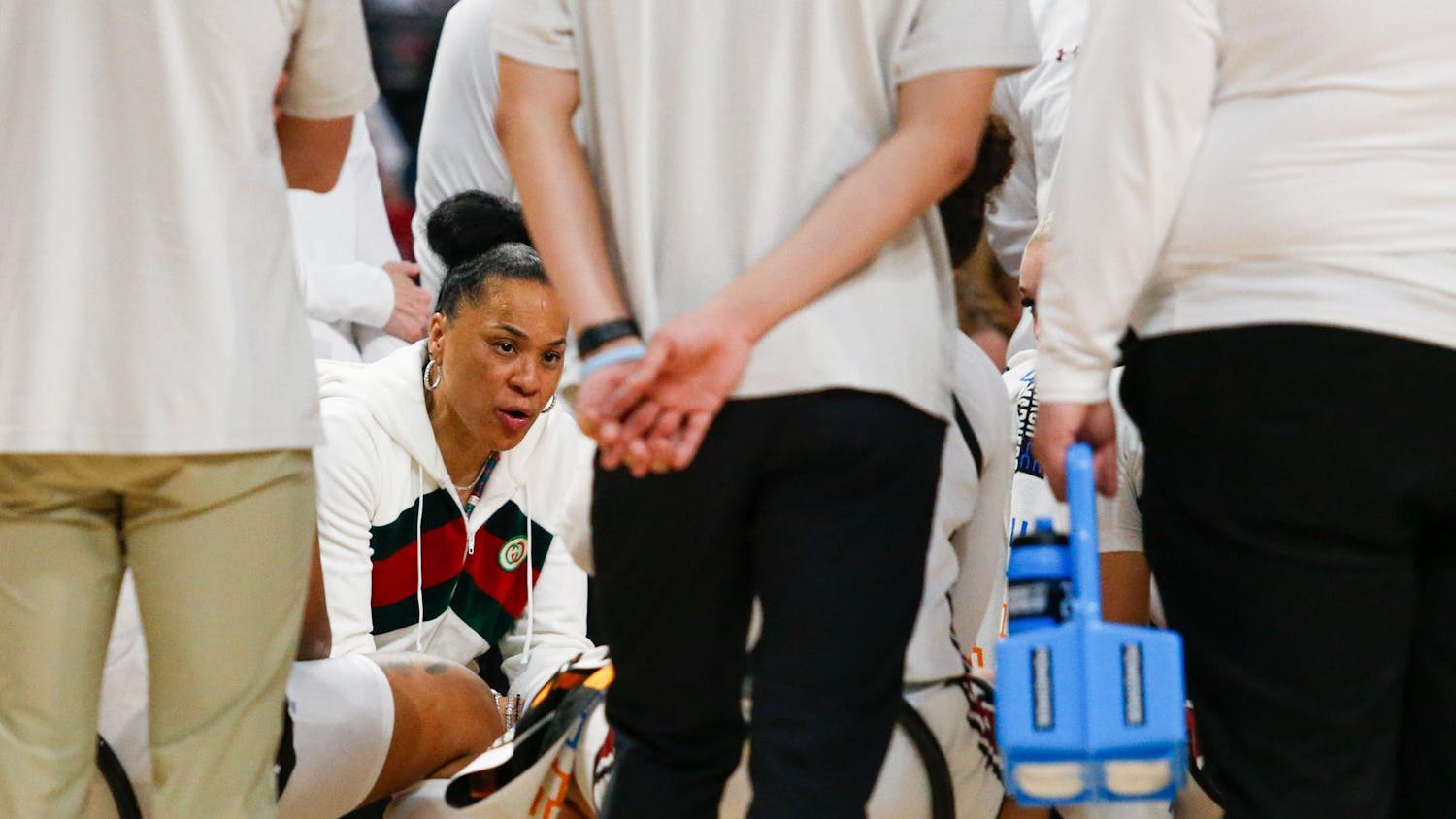 FILE - Head coach Dawn Staley talks to her team during a timeout in the third quarter of South Carolina’s game against Presbyterian in round one of the 2024 NCAA Women’s Tournament on March 22, 2024 at Colonial Life Arena. The Gamecocks will play their first exhibition game of the 2024-2025 season against Memphis in Memphis, Tennessee on Oct. 15.