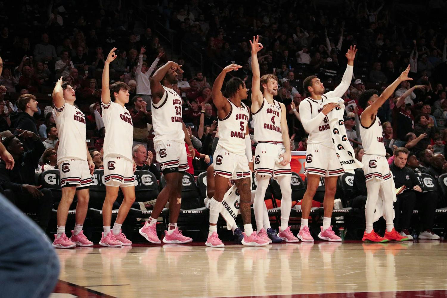 FILE — The South Carolina men's basketball team celebrates as the team scores late in the game against George Washington on Dec. 1, 2023. The ɫɫƵs made 51% of 3-pointers against the Revolutionaries/