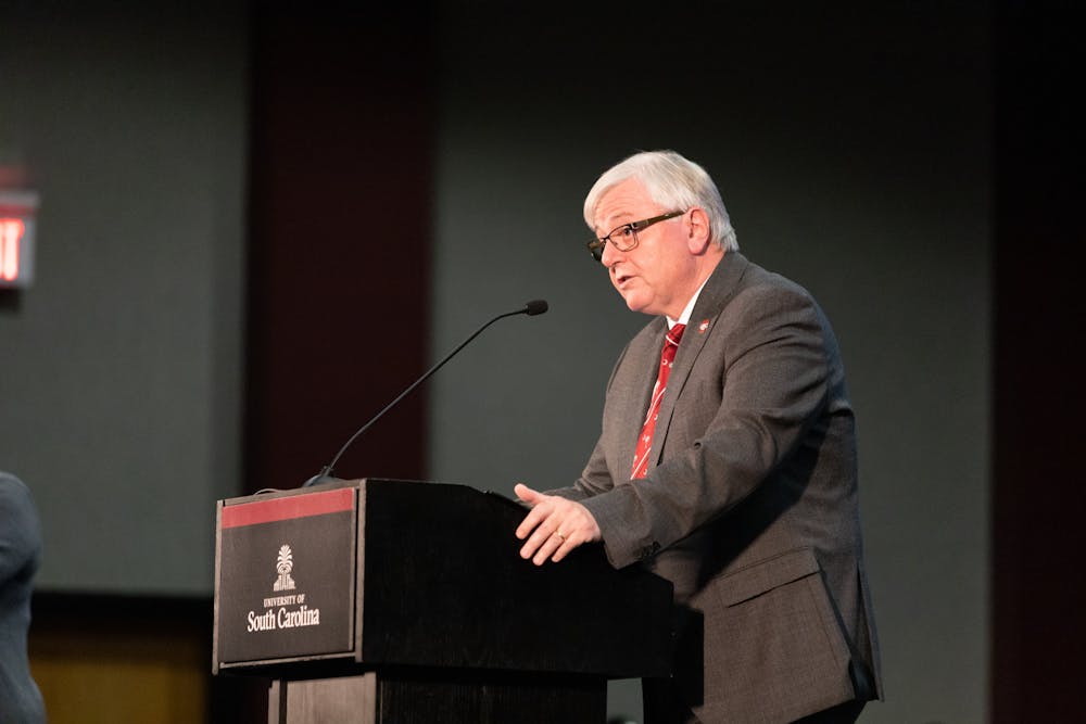 <p>President Michael Amiridis delivers his State of the University Address in the Russell House Ballroom on Sept. 19, 2023. Faculty and students at the university gathered to hear President Amiridis reflect on past accomplishments and share the University of South Carolina’s strategic priorities.</p>