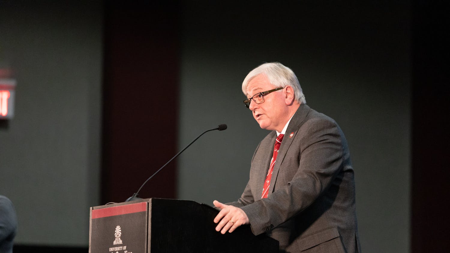 President Michael Amiridis delivers his State of the University Address in the Russell House Ballroom on Sept. 19, 2023. Faculty and students at the university gathered to hear President Amiridis reflect on past accomplishments and share the University of South Carolina’s strategic priorities.