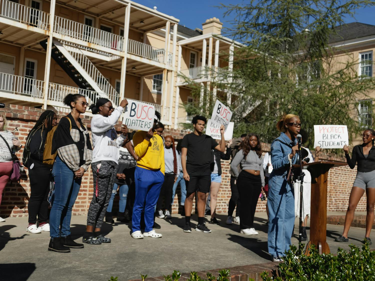 Fourth-year broadcast journalism student Courtney McClain speaks out against institutional racism on the stage on Greene Street on Jan. 20, 2023. The protest was organized by McClain, the president of the SC NAACP Y&amp;C Division.