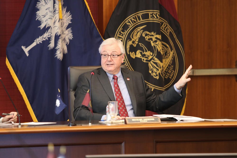 <p>FILE — University of South Carolina President Michael Amiridis introduces the new Vice President for Information Technology, John “Brice” Bible, at a board of trustees meeting on March 18, 2024. Amiridis is serving as the university’s 30th president.&nbsp;</p>