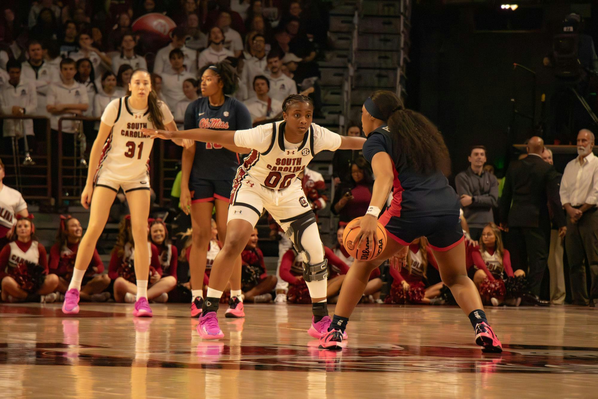 Senior guard Ta'Niya Latson guards against an Ole Miss player on Feb. 22, 2026 in the Colonial Life Arena. Latson had three steals and helped the Gamecocks win 85-48 against the Rebels.