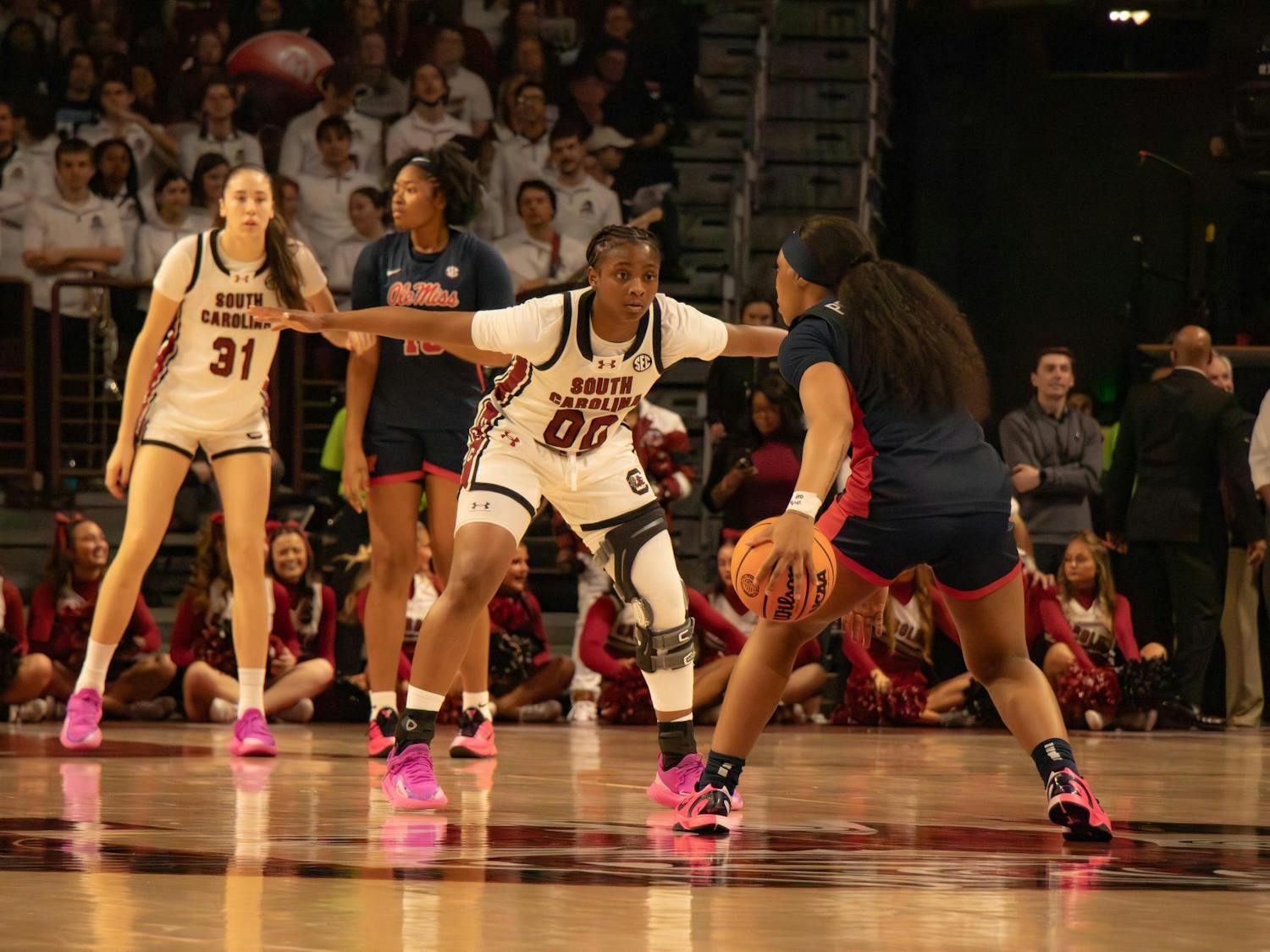 Senior guard Ta'Niya Latson guards against an Ole Miss player on Feb. 22, 2026 in the Colonial Life Arena. Latson had three steals and helped the Gamecocks win 85-48 against the Rebels.