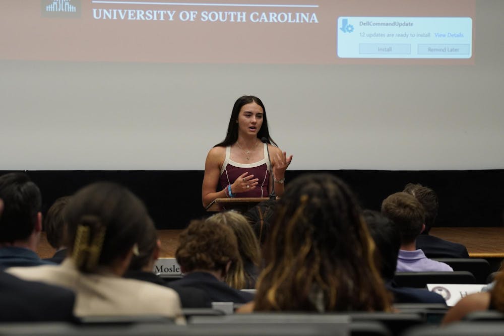 <p>Ashley Reynolds speaks at a student senate meeting at the Russell House on April 1, 2026. Reynolds resigned from her position as student body treasurer.</p>