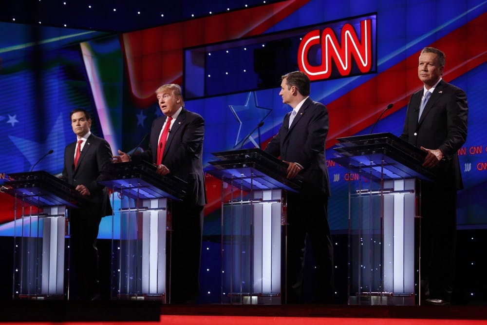 From left, Republican primary candidates Sen. Marco Rubio, Donald Trump, Ted Cruz, and John Kasich, during the GOP presidential primary debate at the University of Miami's Bank United Center in Coral Gables, Fla., on Thursday, March 10, 2016. (Carolyn Cole/Los Angeles Times/TNS)