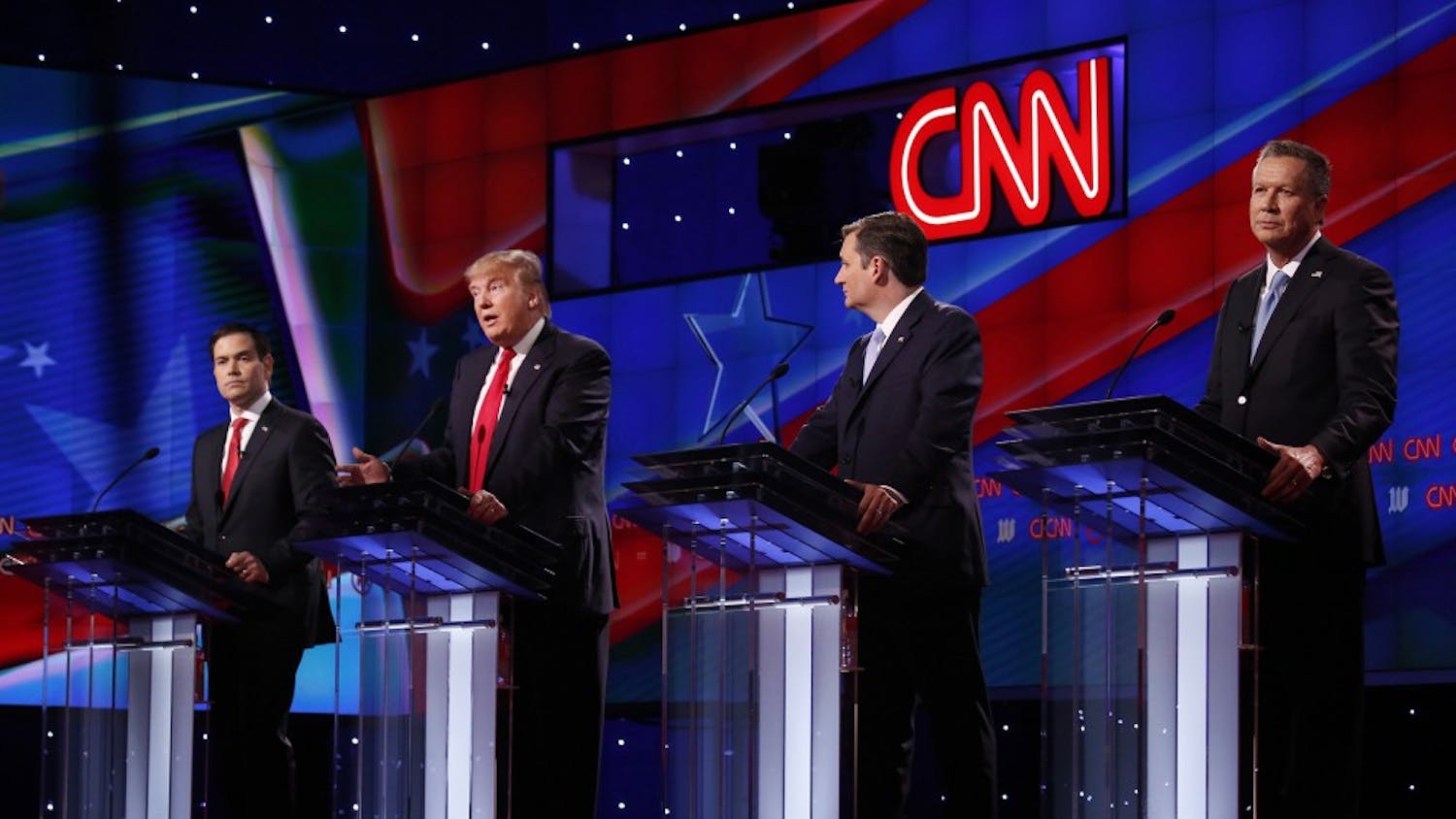 From left, Republican primary candidates Sen. Marco Rubio, Donald Trump, Ted Cruz, and John Kasich, during the GOP presidential primary debate at the University of Miami's Bank United Center in Coral Gables, Fla., on Thursday, March 10, 2016. (Carolyn Cole/Los Angeles Times/TNS)