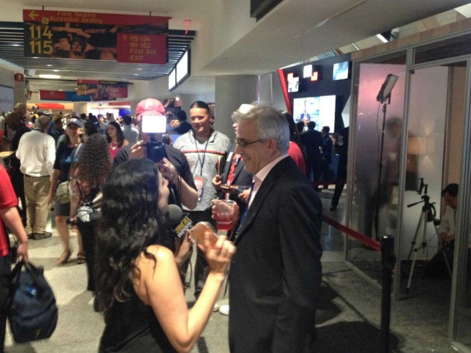 Mother Jones Washington Bureau Chief David Corn speaks with a reporter at the Democratic National Convention in Philadelphia on July 28, 2016. Corn broke the story of Mitt Romney's "47 percent" comments, caught on a secret videotape, during the 2012 presidential election.
