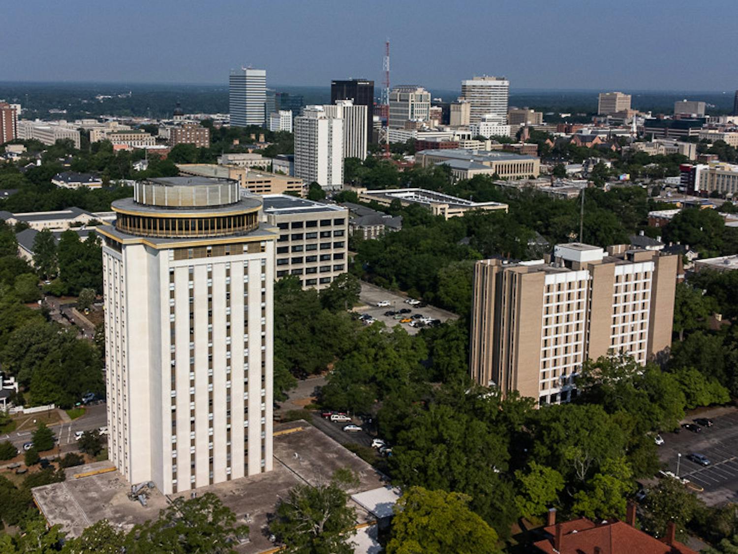 An aerial view of the Capstone House (on left) and Columbia Hall (on right) on May 19, 2022. Capstone House, Columbia Hall and South Tower have the more reports of mold outbreaks than other dorms on USC's campus.