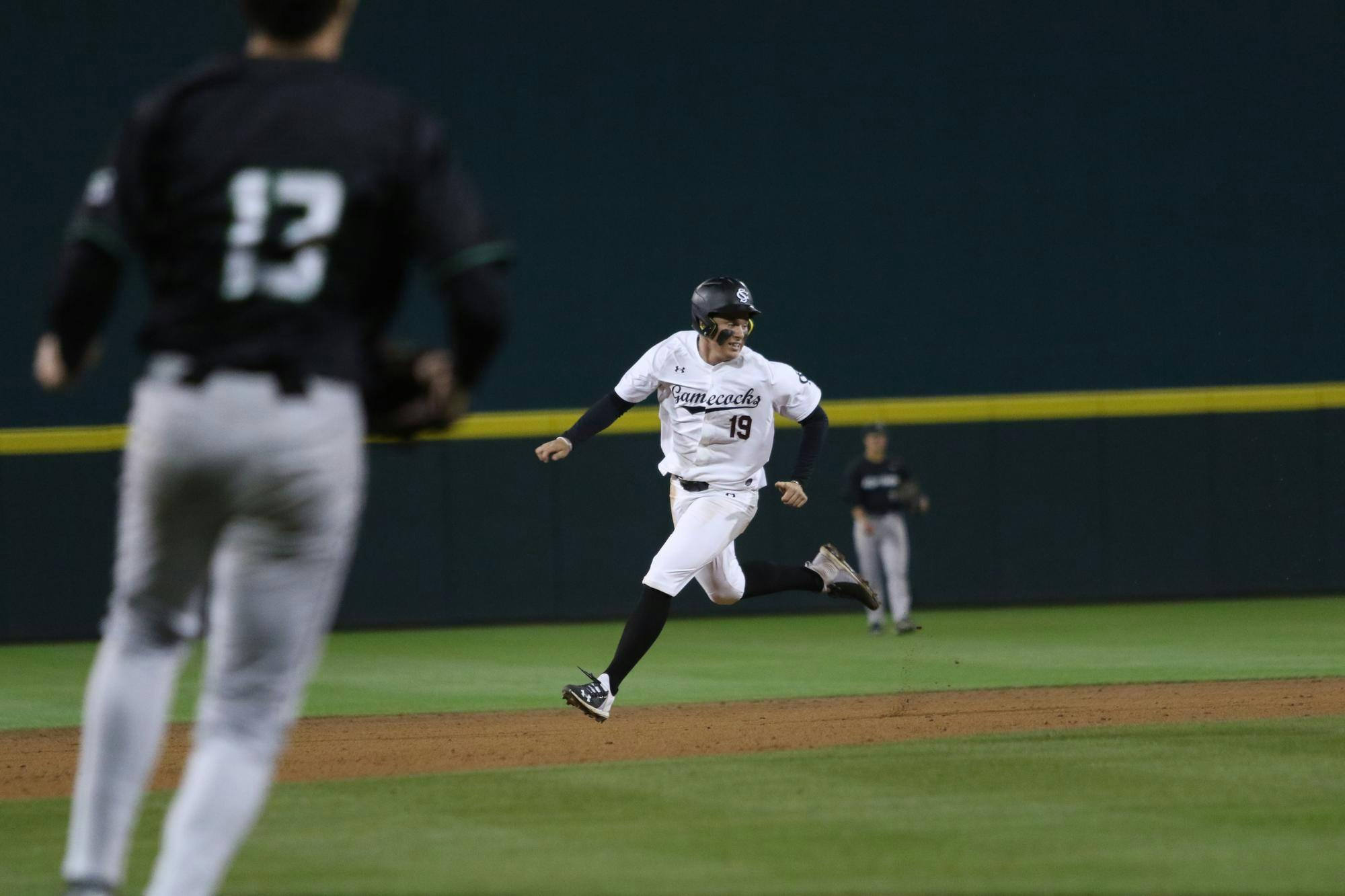 Sophomore infielder KJ Scobey makes the turn for third in South Carolina's game against USC Upstate on March 3, 2026. The Gamecocks won to the Spartans 12-3.