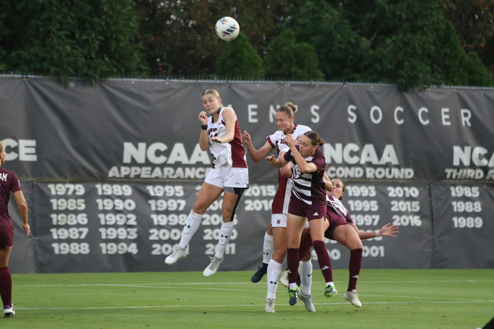 Senior defender Taylor Bloom heads the ball towards the open field against Texas A&amp;M at Eugene E. Stone III Stadium on Oct. 19, 2025. The Gamecocks had 11 shot attempts against the Aggies, but the game ultimately finished with a 0-0 tie.