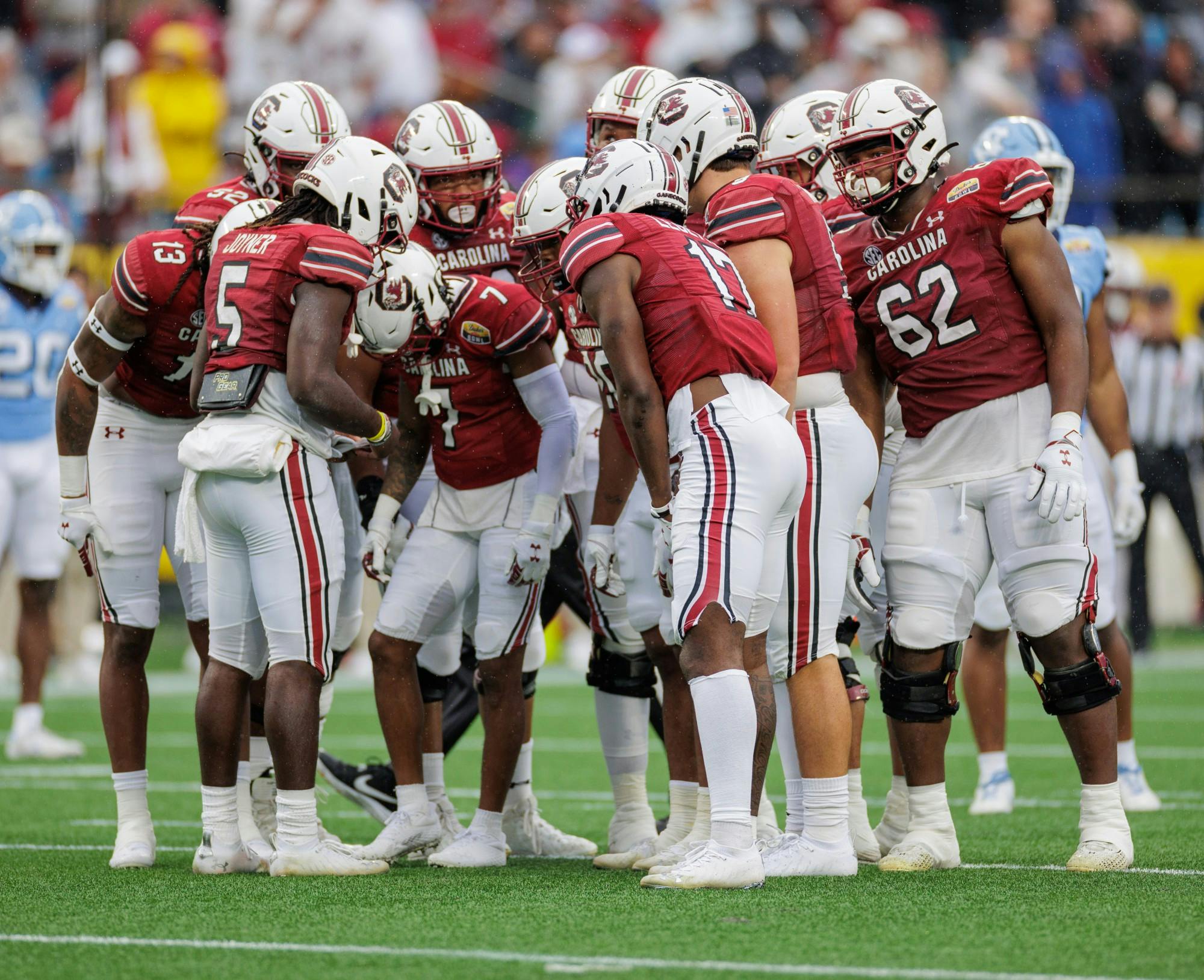 FILE—The South Carolina football team during the Duke’s Mayo Bowl on Dec. 30, 2021 in Charlotte, NC. This was the first bowl game for the Gamecocks since the 2018 Outback Bowl.