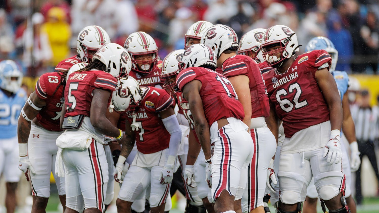 FILE—The South Carolina football team during the Duke’s Mayo Bowl on Dec. 30, 2021 in Charlotte, NC. This was the first bowl game for the Gamecocks since the 2018 Outback Bowl.