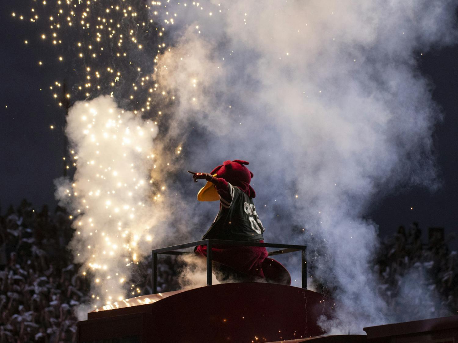The Gamecocks’ mascot, Cocky, makes his grand entrance out of the "Cockaboose" train to the sound of the 2001 Space Odyssey theme at Williams-Brice Stadium on Sept. 23, 2023. Cocky received a new entrance for the 2023 season.
