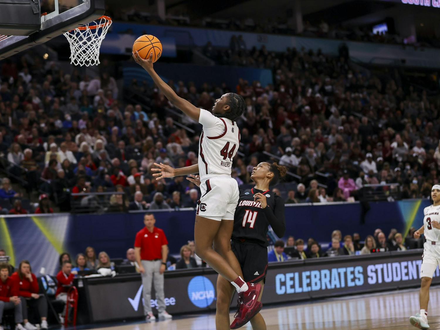 Freshman guard Saniya Rivers goes for a layup during the first quarter of South Carolina's 72-59 victory over Louisville on April 1, 2022, advancing to the National Championship game.