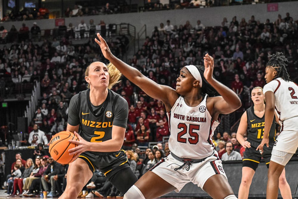 <p>FILE—Redshirt freshman guard Raven Johnson plays defense during the game against Missouri on Jan. 15, 2023. Johnson played for 19 minutes, scoring 6 points.</p>