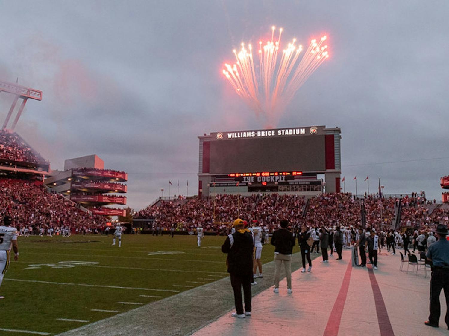 Fireworks shoot over the jumbotron at Williams-Brice Stadium prior to Sandstorm playing during the matchup between South Carolina and Missouri on Oct. 29, 2022. The song plays prior to every kickoff, getting Gamecock fans hyped up for the next possession.&nbsp;