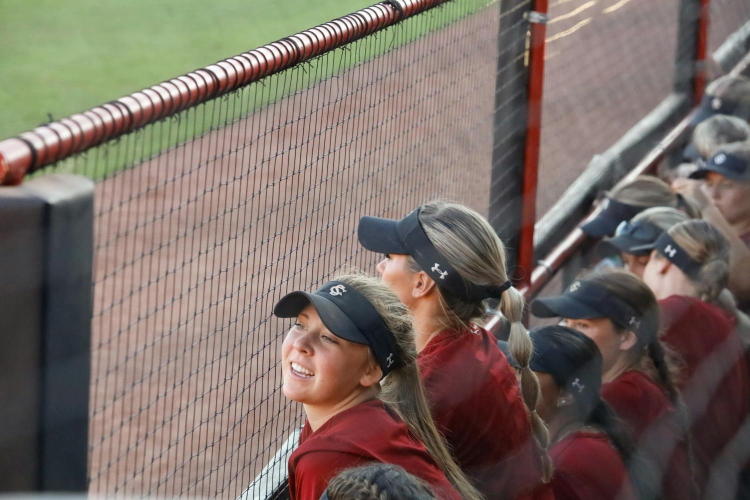 Freshman infielder Karley Shelton cheers on her Gamecock teammates during the game against 鶹С򽴫ý Beaufort at Beckham Field on Oct. 7, 2023. South Carolina won the exhibition game 3-0.